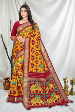 Fashion Max Yellow Patola Printed trendy Soft Silk Saree with Tassels, includes running Blouse .