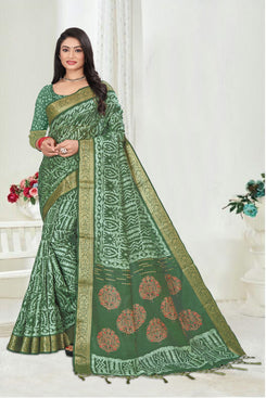 Fashion Max Green Patola print Saree with Wide foil print border & Running blouse .