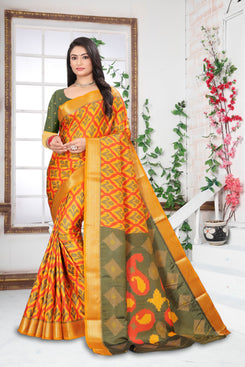 Fashion Max Yellow Designer Patola Saree with Wide Foil Border, made of Soft Silk fabric .