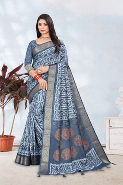 Fashion Max Grey Patola printed soft Silk Saree with Wide foil printed Border & Latkans, includes running Blouse .