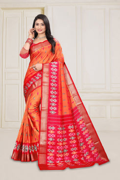 Fashion Max Orange pink Patola printed Soft Silk Designer Saree with Running Blouse piece .