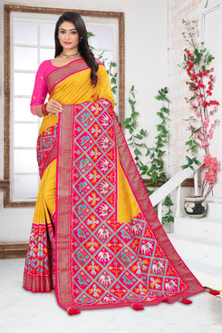 Fashion Max Pink Patola Printed trendy Soft Silk Saree with Tassels, includes running Blouse .