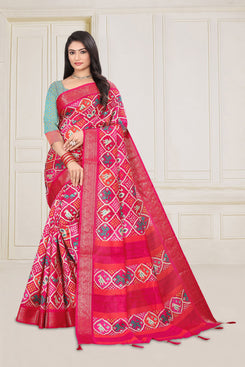 Fashion Max Pink Bandhani Lookalike Soft Silk Saree with Foil print border & tassels .