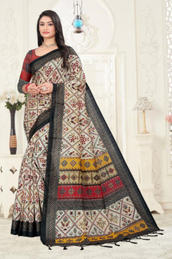 Fashion Max Cream & Grey color combined Patola print saree made of Premium soft silk with checks blouse .