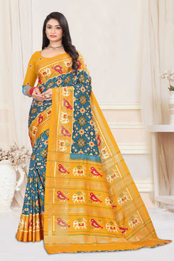 Fashion Max Soft Silk mustard saree with Patola print & Running Blouse piece .