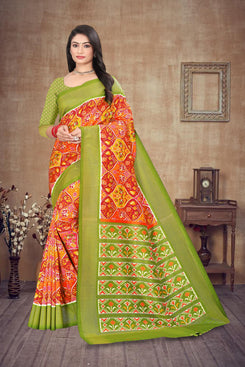 Fashion Max Green Floral patola printed Soft Silk Saree with Running Blouse .