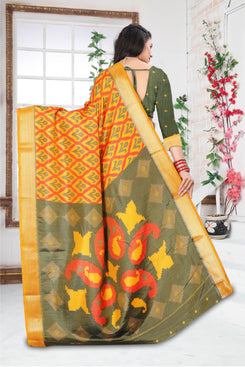 Fashion Max Yellow Designer Patola Saree with Wide Foil Border, made of Soft Silk fabric .