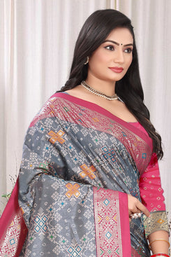 Fashion Max Elegant Grey & Pink Color Combined Soft Silk Patola saree, with blouse piece .