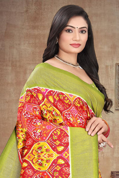 Fashion Max Green Floral patola printed Soft Silk Saree with Running Blouse .