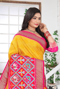 Fashion Max Pink Patola Printed trendy Soft Silk Saree with Tassels, includes running Blouse .