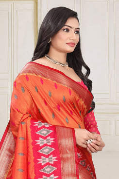 Fashion Max Orange pink Patola printed Soft Silk Designer Saree with Running Blouse piece .