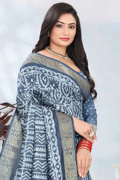 Fashion Max Grey Patola printed soft Silk Saree with Wide foil printed Border & Latkans, includes running Blouse .