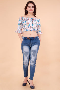 Rangoki Multicolour Floral Printed Off-Shoulder Crop top with Flare and lace Sleeve