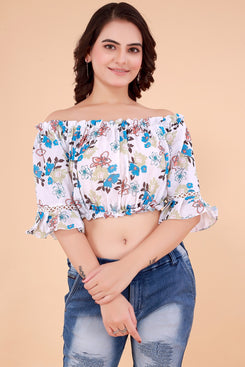 Rangoki Multicolour Floral Printed Off-Shoulder Crop top with Flare and lace Sleeve