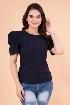 Rangoki Puff sleeve round neck body fit top for women.