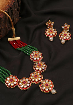 Necklace Red Green Color Kundan Set