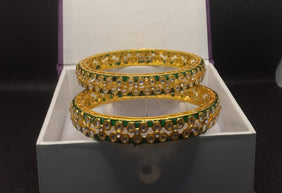 Rangoki Antique Gold Plated Green Kundan Bangles